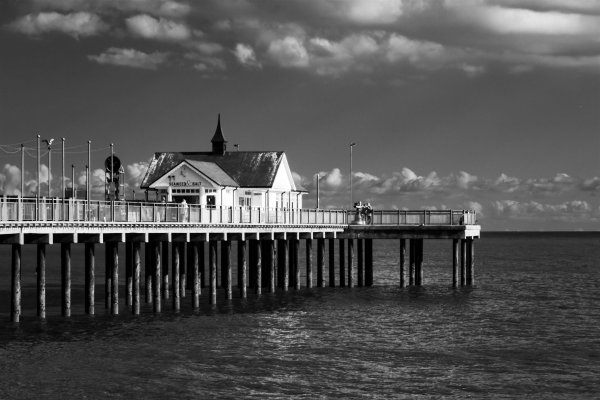 An Infrared black and white conversion of the pier at Southwold, Suffolk, resplendent in the summer sun.